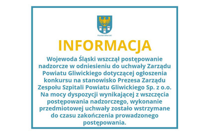Postępowanie nadzorcze w odniesieniu do uchwały Zarządu Powiatu Gliwickiego dotyczące ogłoszenia konkursu na stanowisko Prezesa Zarządu Zespołu Szpitali Powiatu Gliwickiego Sp. z o.o.