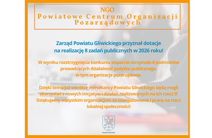 Dotacje Zarządu Powiatu Gliwickiego na realizacje zadań publicznych w 2026 roku.